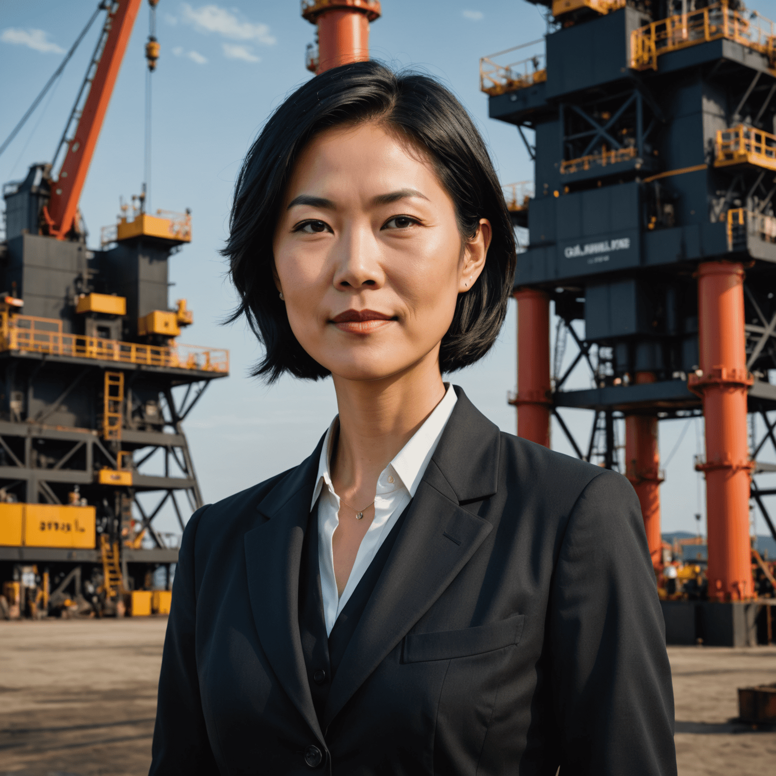 Portrait of Dr. Emily Chen, an Asian woman in her 40s with short black hair, wearing a professional dark suit, standing in front of an oil rig