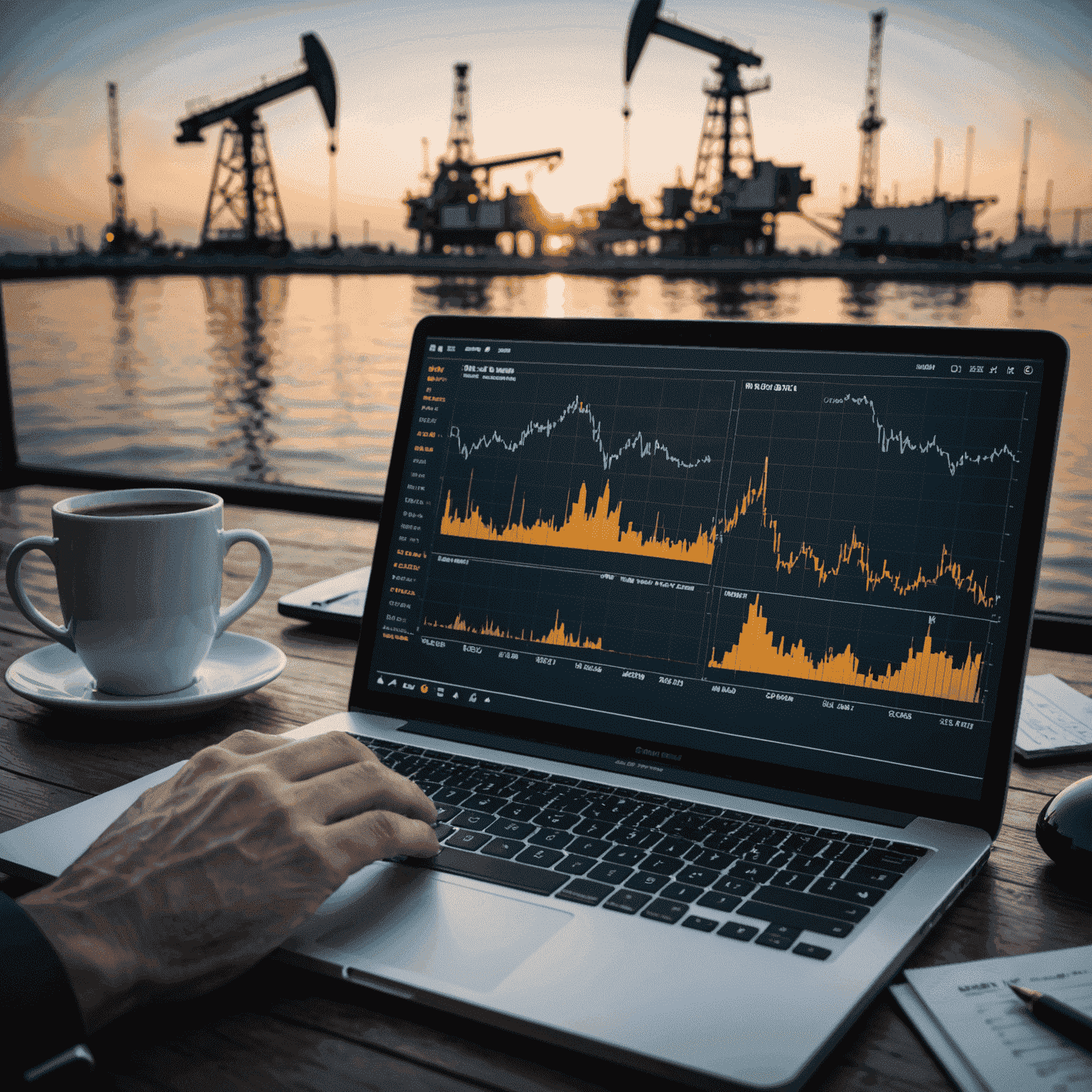 Visualization of AI analyzing oil market data, showing graphs, charts, and oil rigs in the background