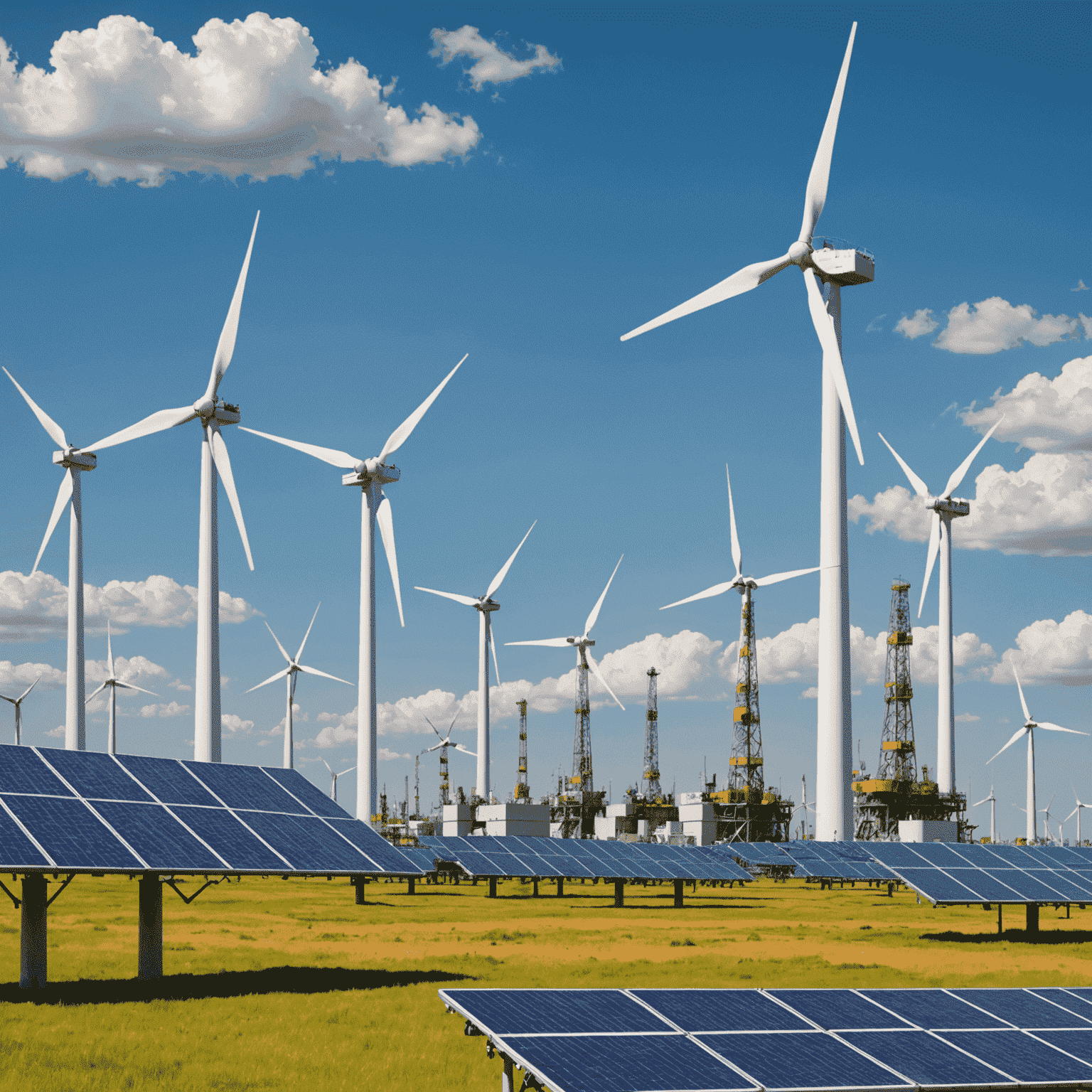 Collage showing oil rigs transitioning to wind turbines and solar panels, symbolizing energy sector diversification