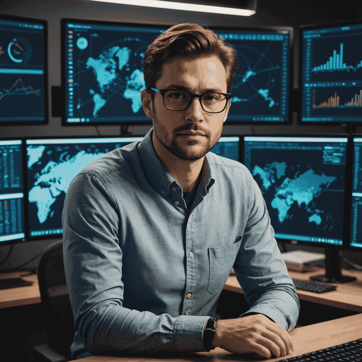 Portrait of Alex Novak, a Caucasian man in his 30s with brown hair and glasses, sitting at a computer workstation with multiple screens displaying data visualizations