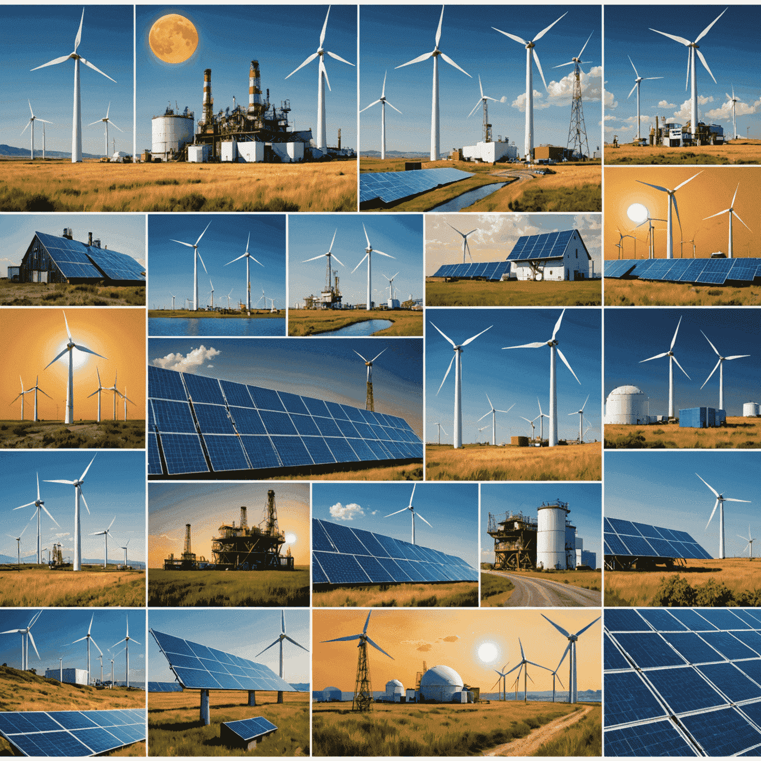 A collage of various energy sources including oil rigs, solar panels, and wind turbines