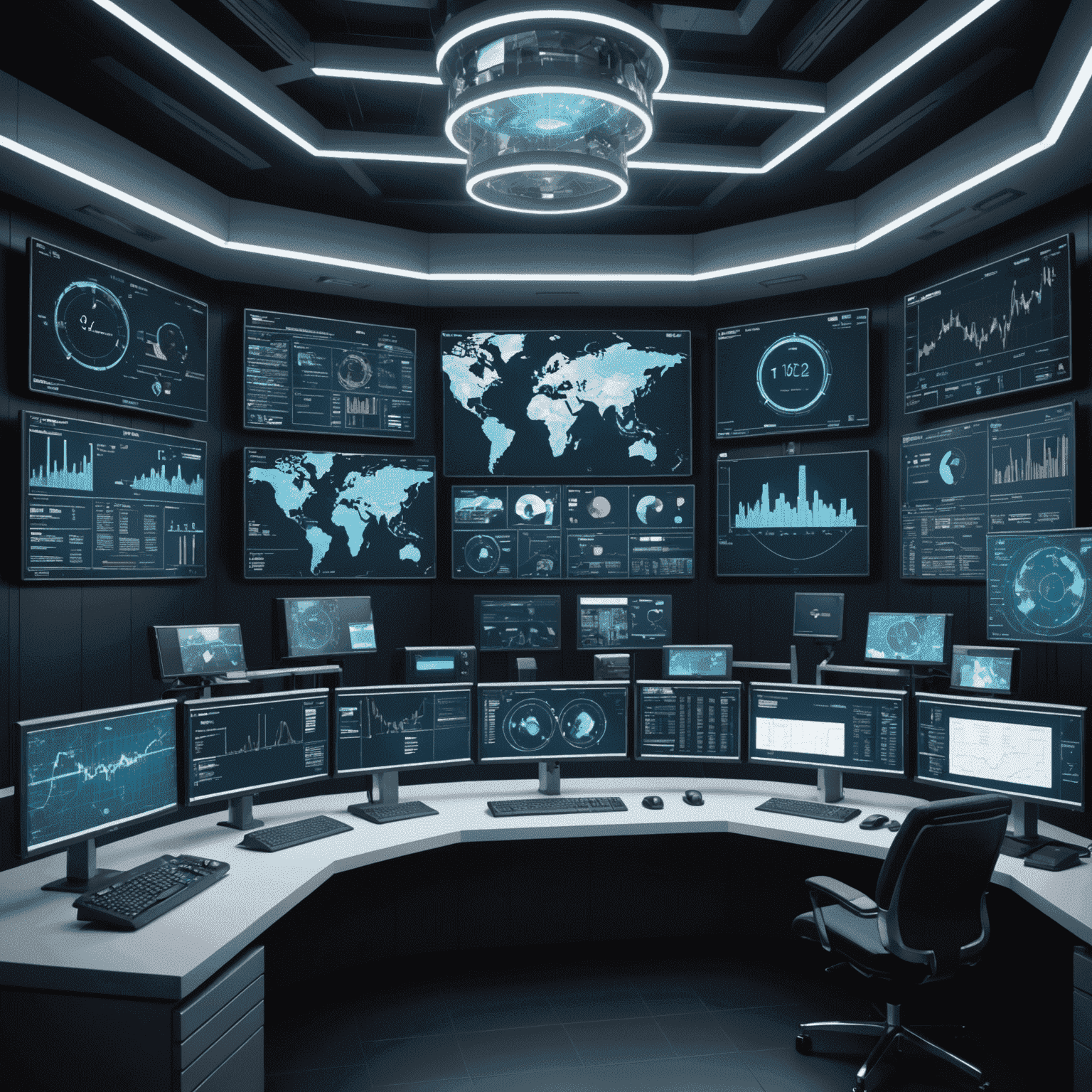 Futuristic control room with holographic displays showing AI-powered market analysis tools and oil industry data