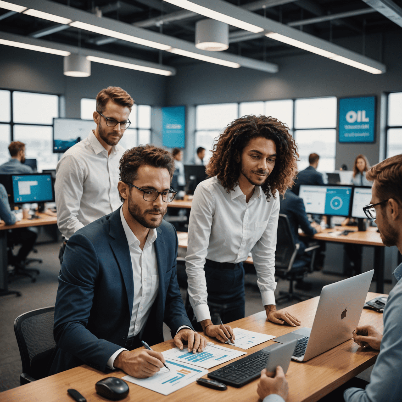 Oil company employees collaborating in a modern, technology-enabled workspace, showcasing efficient workforce management