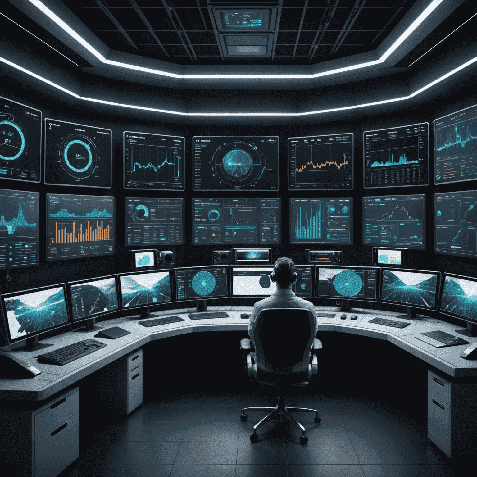 Futuristic control room with AI-powered dashboards showing real-time energy production and market data